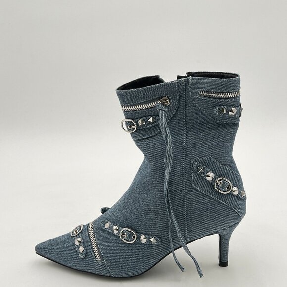 XYD Skyblue Denim Ultra Pointed Toe Kitten Heel Zipped Rivets Studded Ankle Boot - Picture 2 of 8